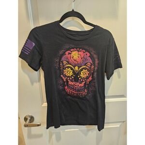 Grunt Style Black Skull Roses/ Sugar Skull Graphic Print T-Shirt Womens Size M